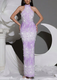 Alsatia Halter Pearl Sequin Embellished Maxi Dress In Lavender