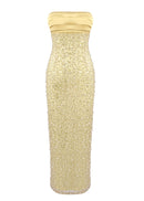 Larisa Satin Sequin Pearls Beaded Maxi Dress In Gold