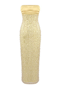 Larisa Satin Sequin Pearls Beaded Maxi Dress In Gold