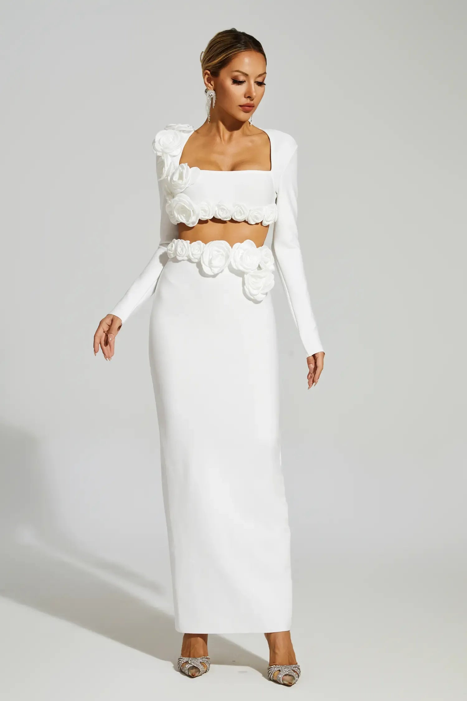 Dellis Flower Bandage Skirt Set In White