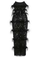 Incandra Strapless Feather Sequin Maxi Dress In Black