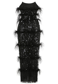 Incandra Strapless Feather Sequin Maxi Dress In Black