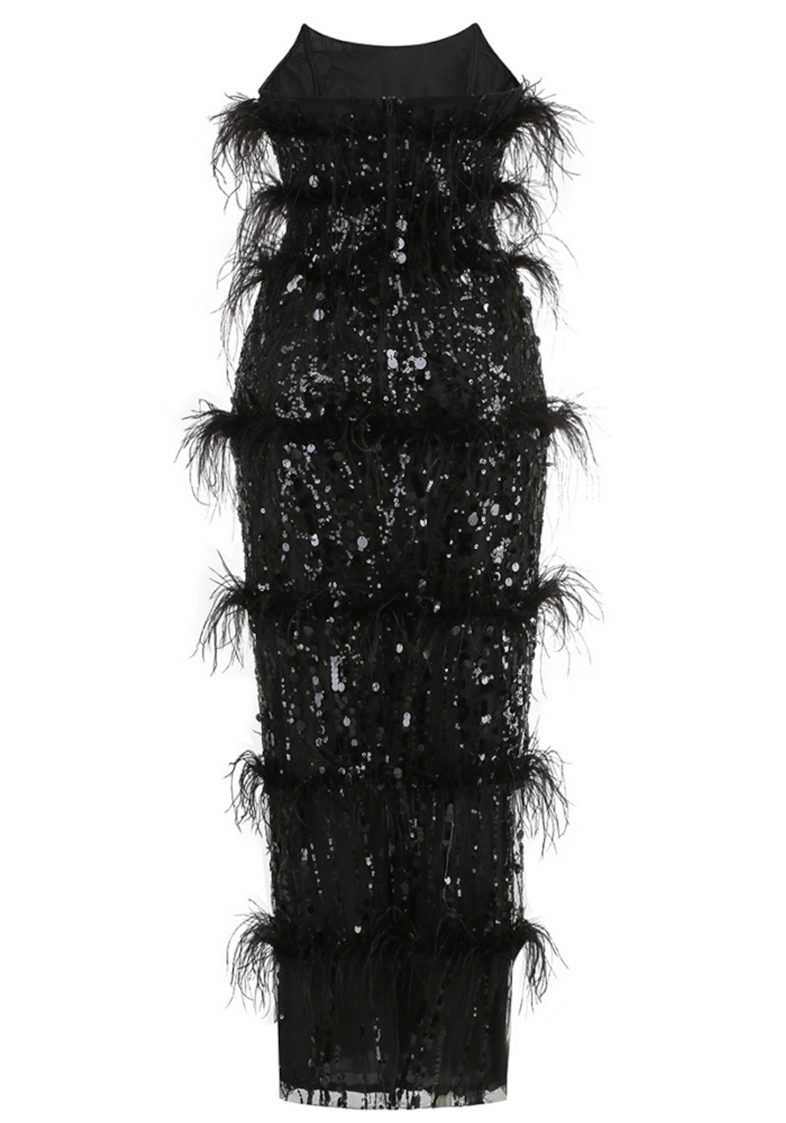 Incandra Strapless Feather Sequin Maxi Dress In Black