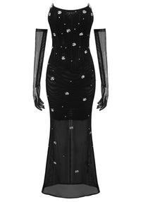 Abihail Strapless Crystal Corset Maxi Dress In Black