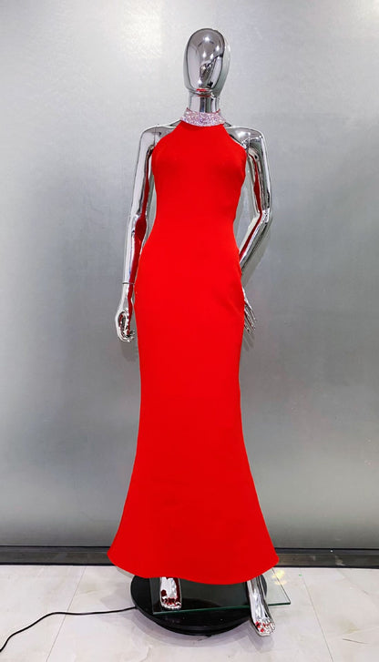 Cathey Crystal Halter Sleeveless Bodycon Maxi Dress In Red