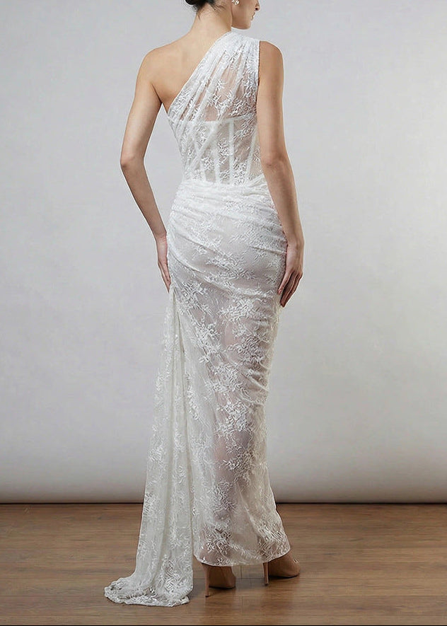 Minya One Shoulder Draped Lace Maxi Dress In White
