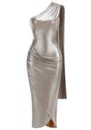 Hyalina One Shoulder Draped Midi Dress
