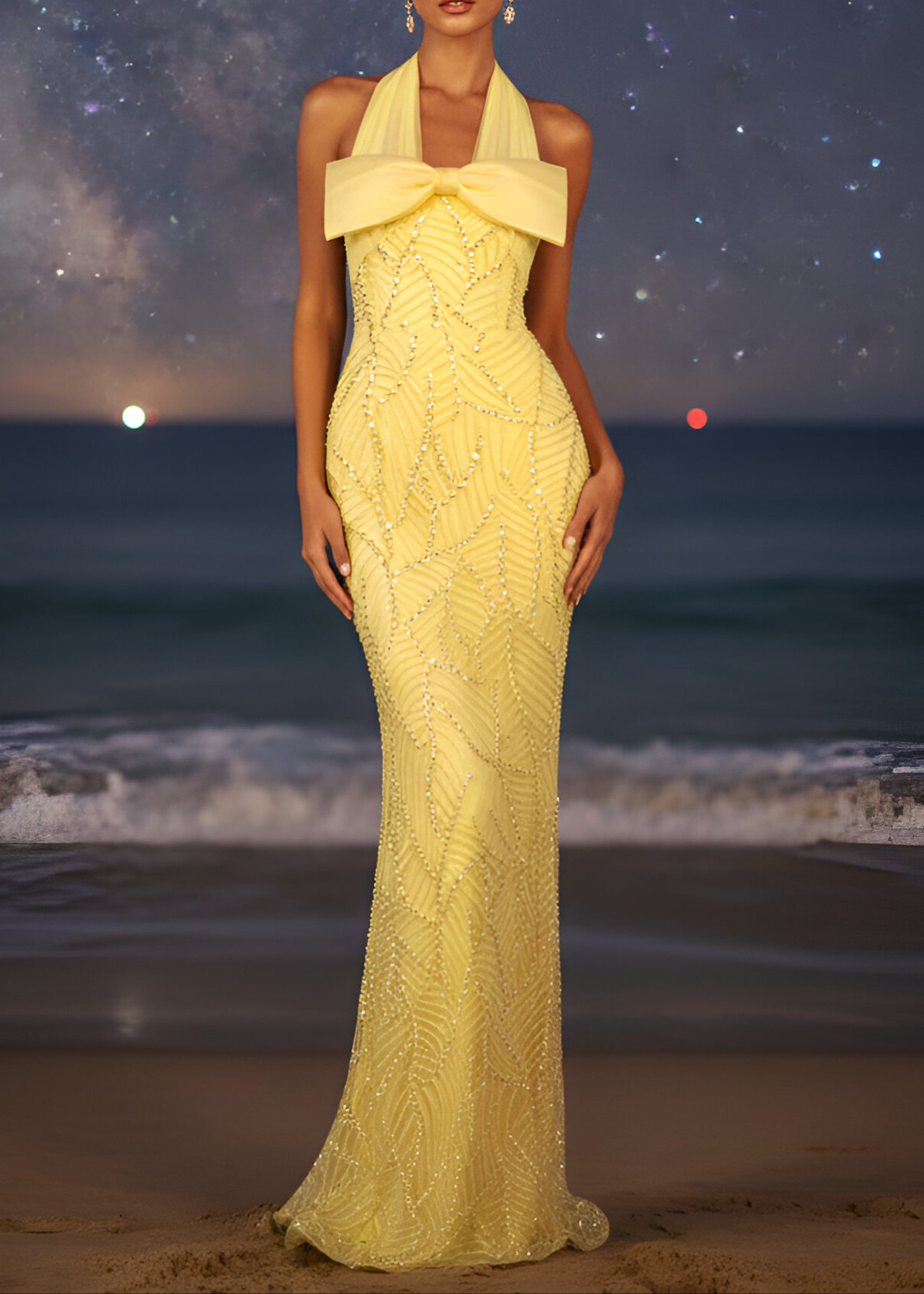 Grabena Halter Bow Detail Maxi Dress In Yellow