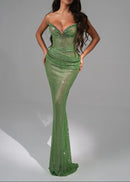 Kaelyra Strapless Crystal Bustier Sparkly Maxi Dress In Green