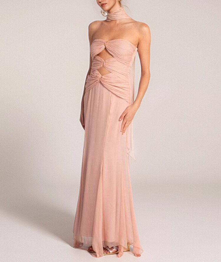 Susmita Hollow Bandage Strapless Tulle Maxi Dress In Pink