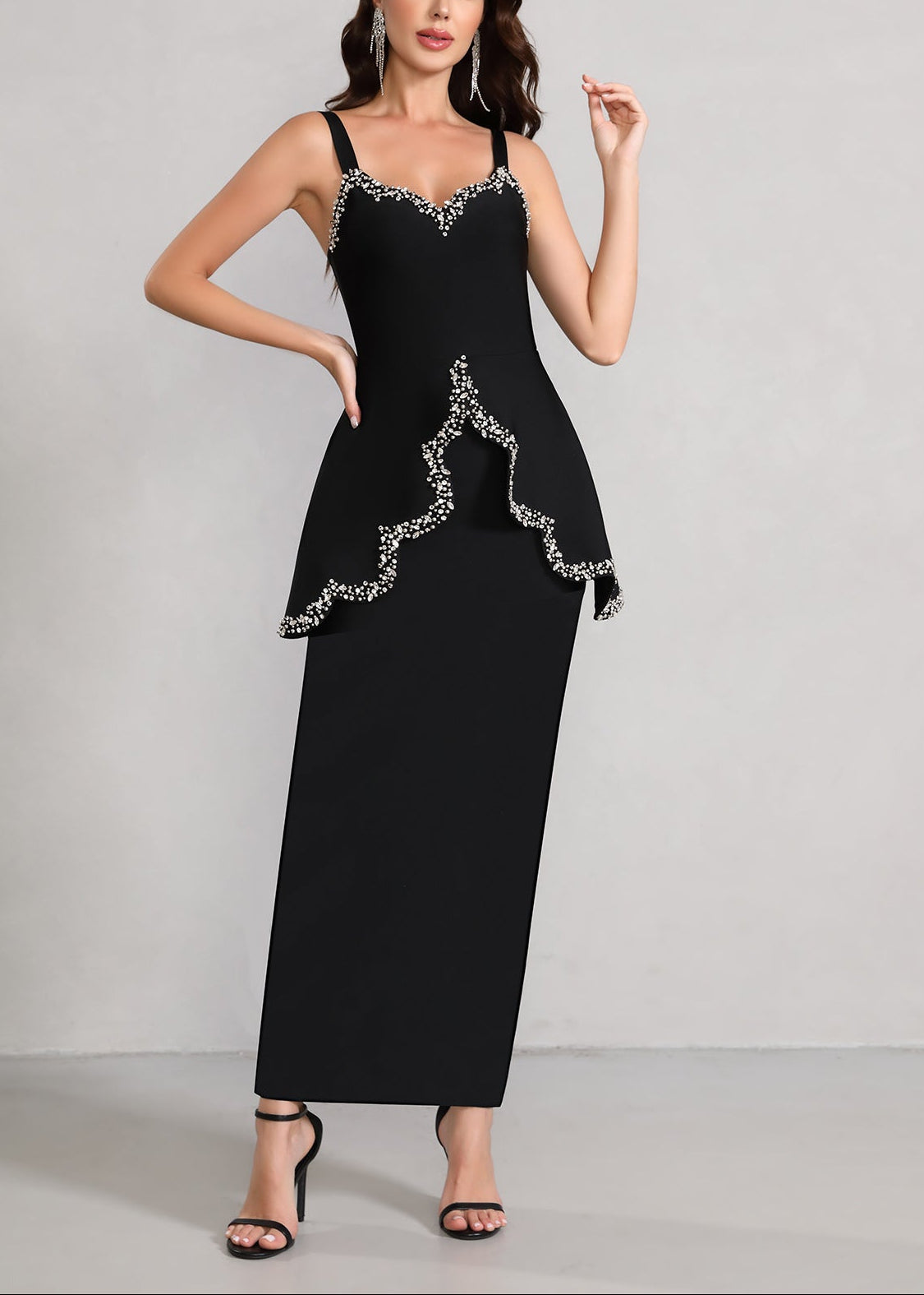 Cynosure Crystal Trim Peplum Maxi Dress In Black