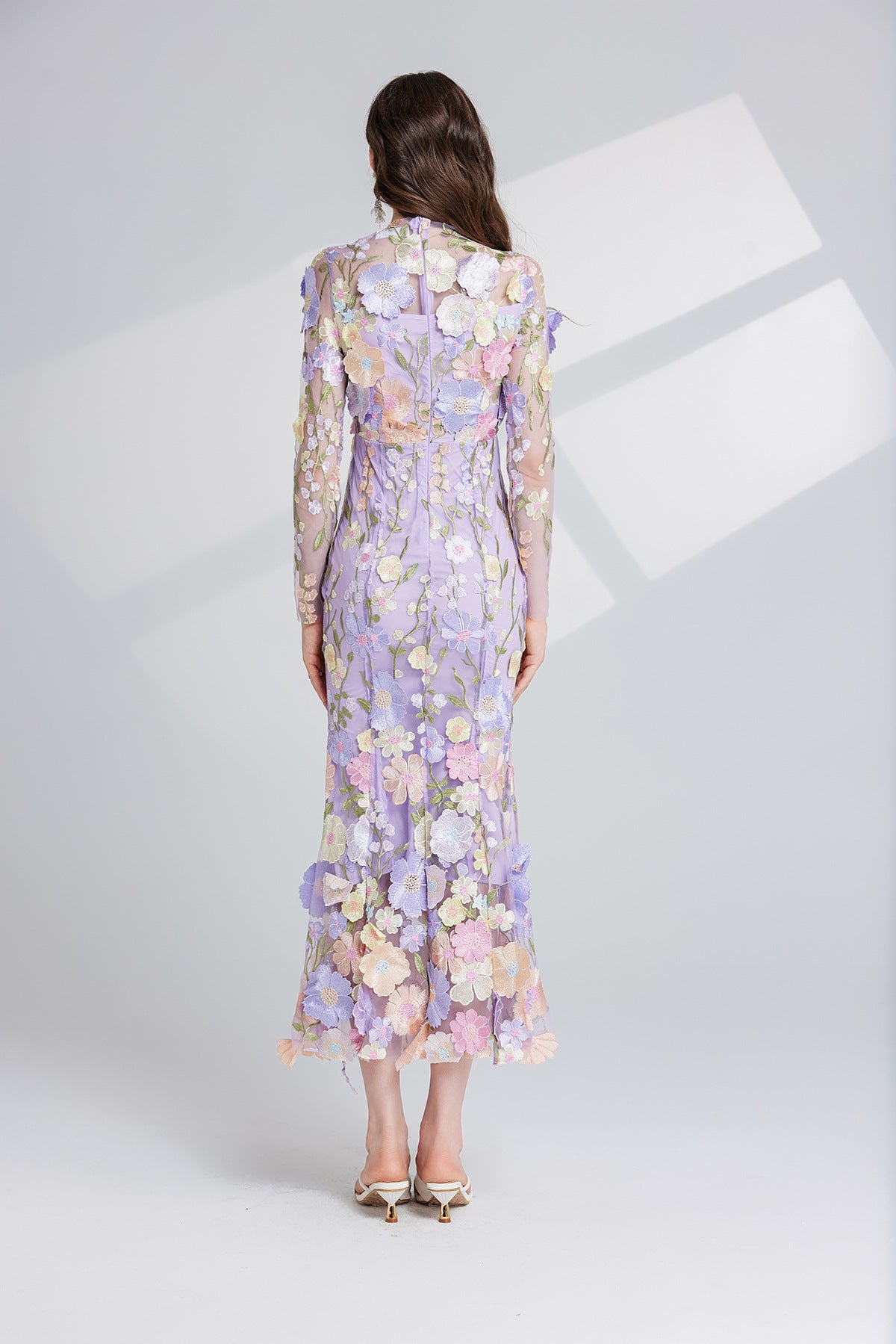 Thalvix Floral Embroidery Mesh Long Sleeve Midi Dress In Purple