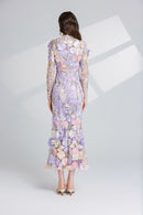 Thalvix Floral Embroidery Mesh Long Sleeve Midi Dress In Purple
