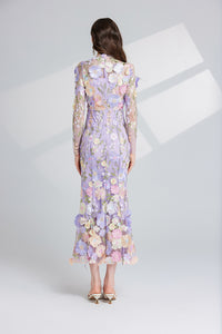 Thalvix Floral Embroidery Mesh Long Sleeve Midi Dress In Purple