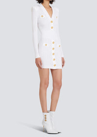 Sable White Short Knitted Mini Dress With Gold Buttons