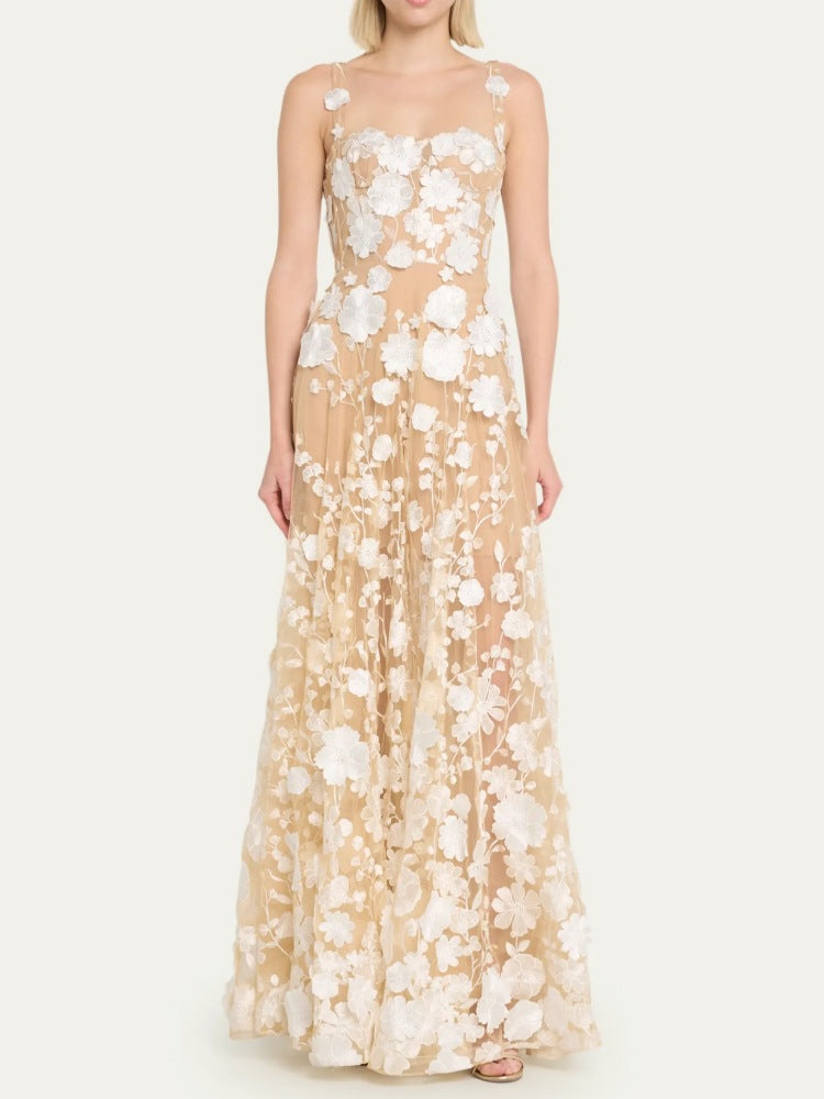 Llewyn Floral Embroidered Sleeveless Tulle Maxi Dress