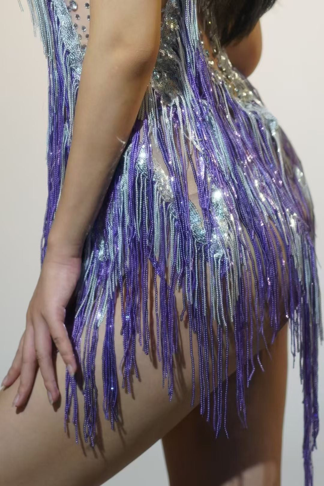 Jelliton Rhinestone Fringe Mesh Mini Dress In Purple