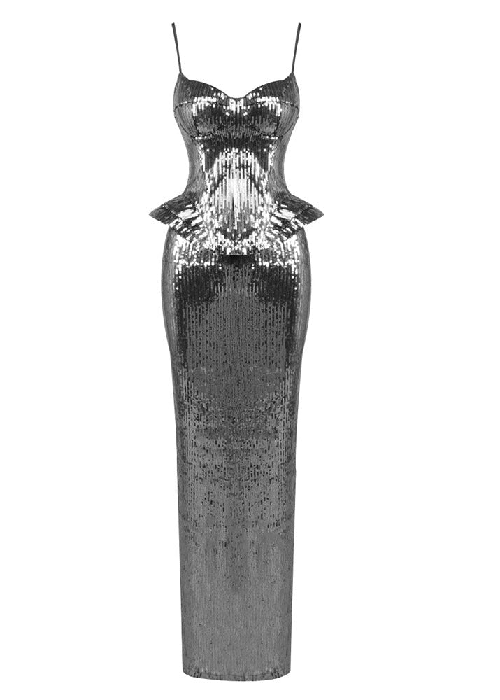 Branka Sequin Peplum Corset Maxi Dress In Silver