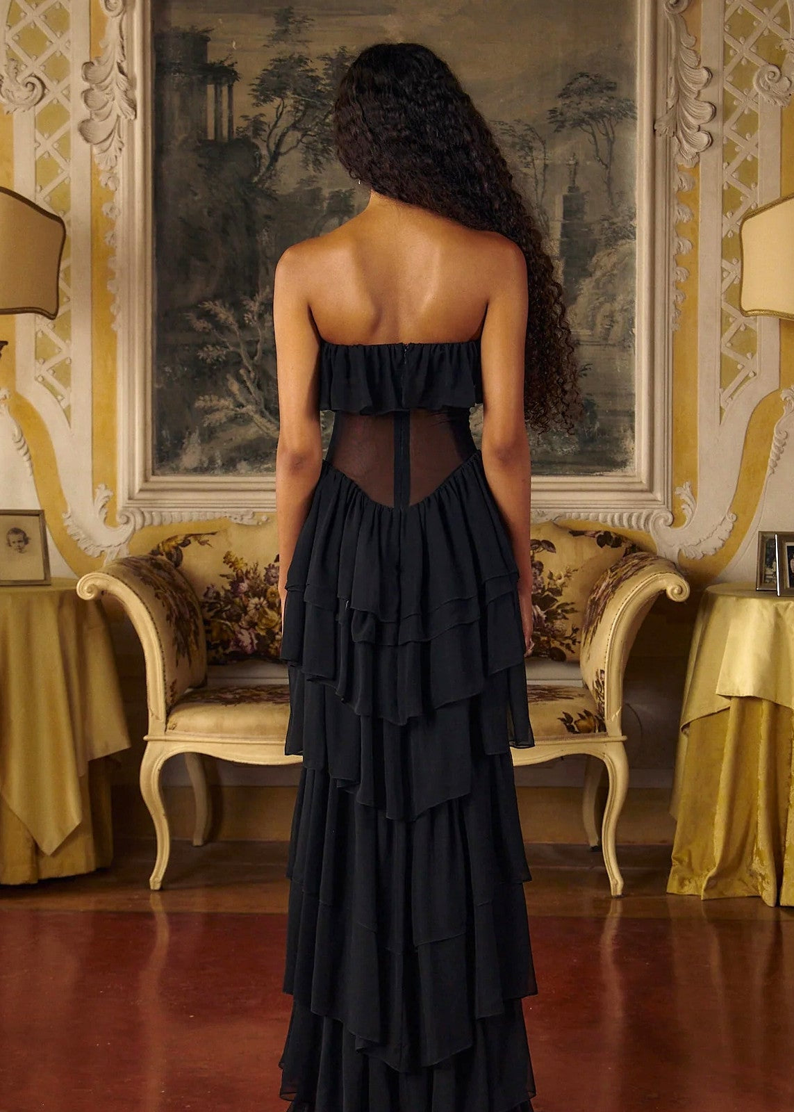 Koper Corseted Chiffon Maxi Dress Two-Piece Set In Black