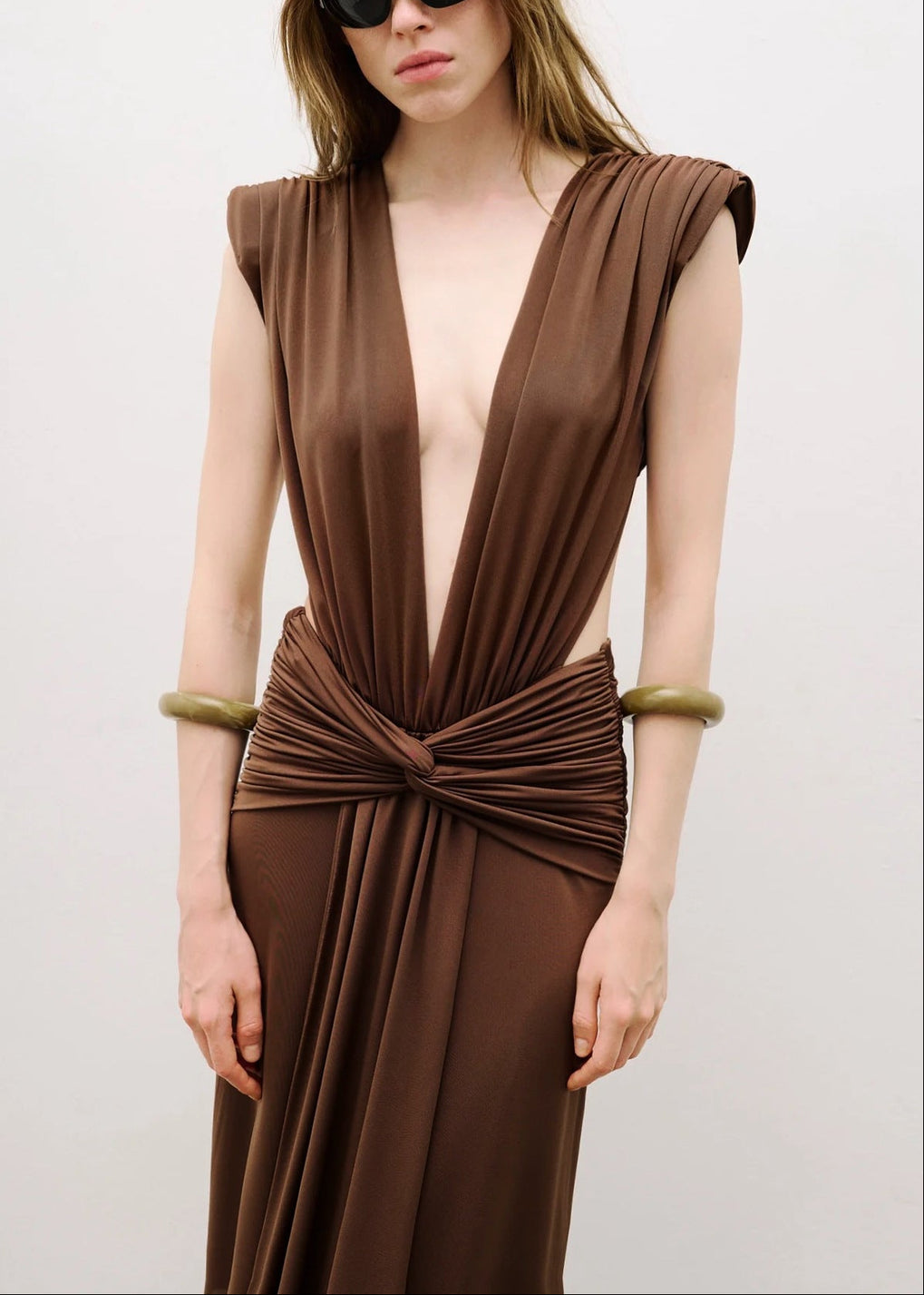 Velythar Gathered Sleeveless Deep V Maxi Dress