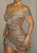 Gali Off Shoulder Rhinestone Mesh Mini Dress