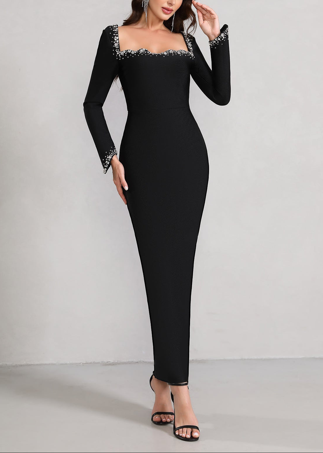 Firenze Long Sleeve Crystal Embellished Trim Maxi Dress In Black