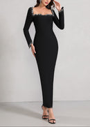 Firenze Long Sleeve Crystal Embellished Trim Maxi Dress In Black