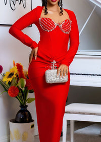 Ixarya Long Sleeve Crystal Bustier Draped Maxi Dress In Red