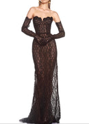 Aevren Strapless Lace Bustier Corset Maxi Dress In Black