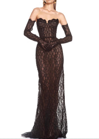 Aevren Strapless Lace Bustier Corset Maxi Dress In Black