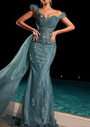 Ahulani Bardot Crystal Bustier Sequin Maxi Dress In Green