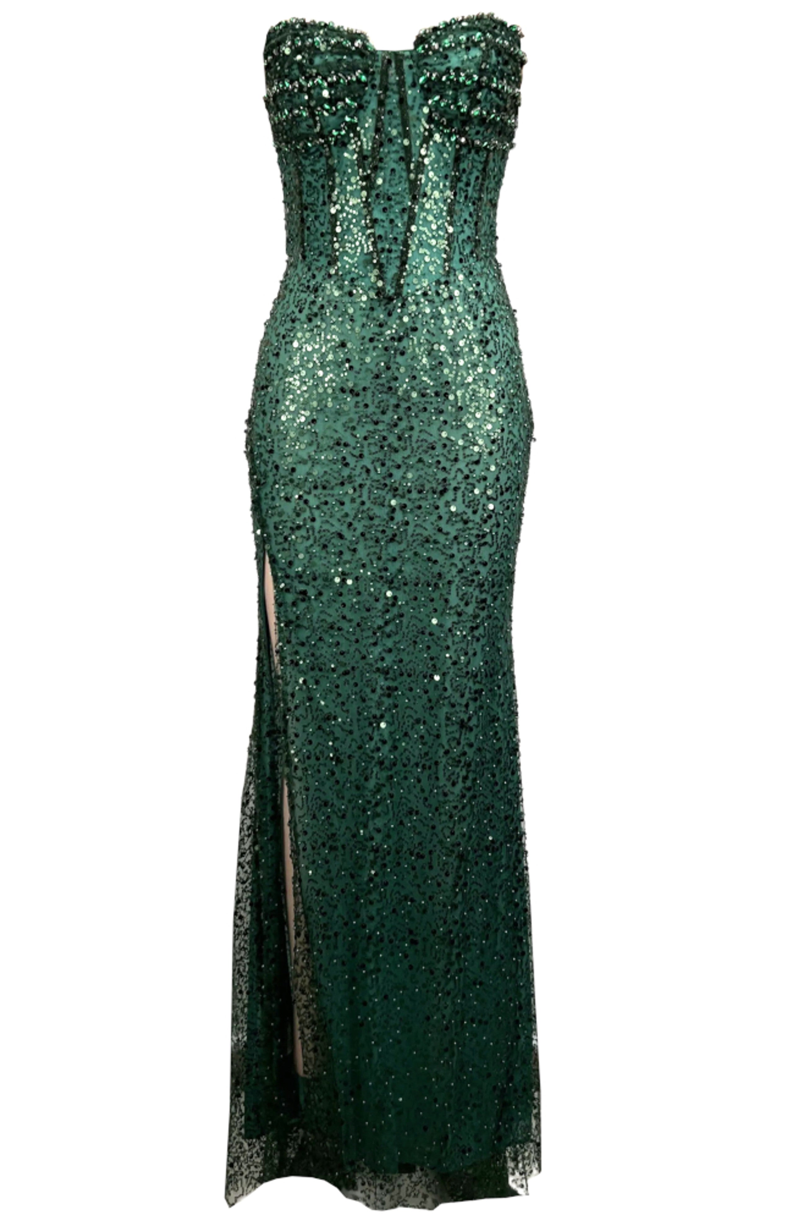 Paley Strapless Crystal Sequin Bustier Maxi Dress In Green
