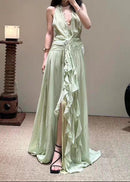 Cyvrix Floral Ruffle Halter Maxi Dress In Green