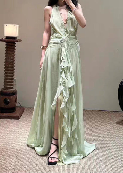 Cyvrix Floral Ruffle Halter Maxi Dress In Green
