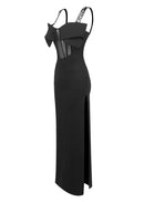 Veerle Bow Bustier Structured Mesh Maxi Dress In Black