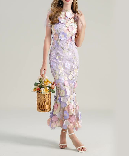 Chesley Floral Embroidery Mesh Fishtail Midi Dress