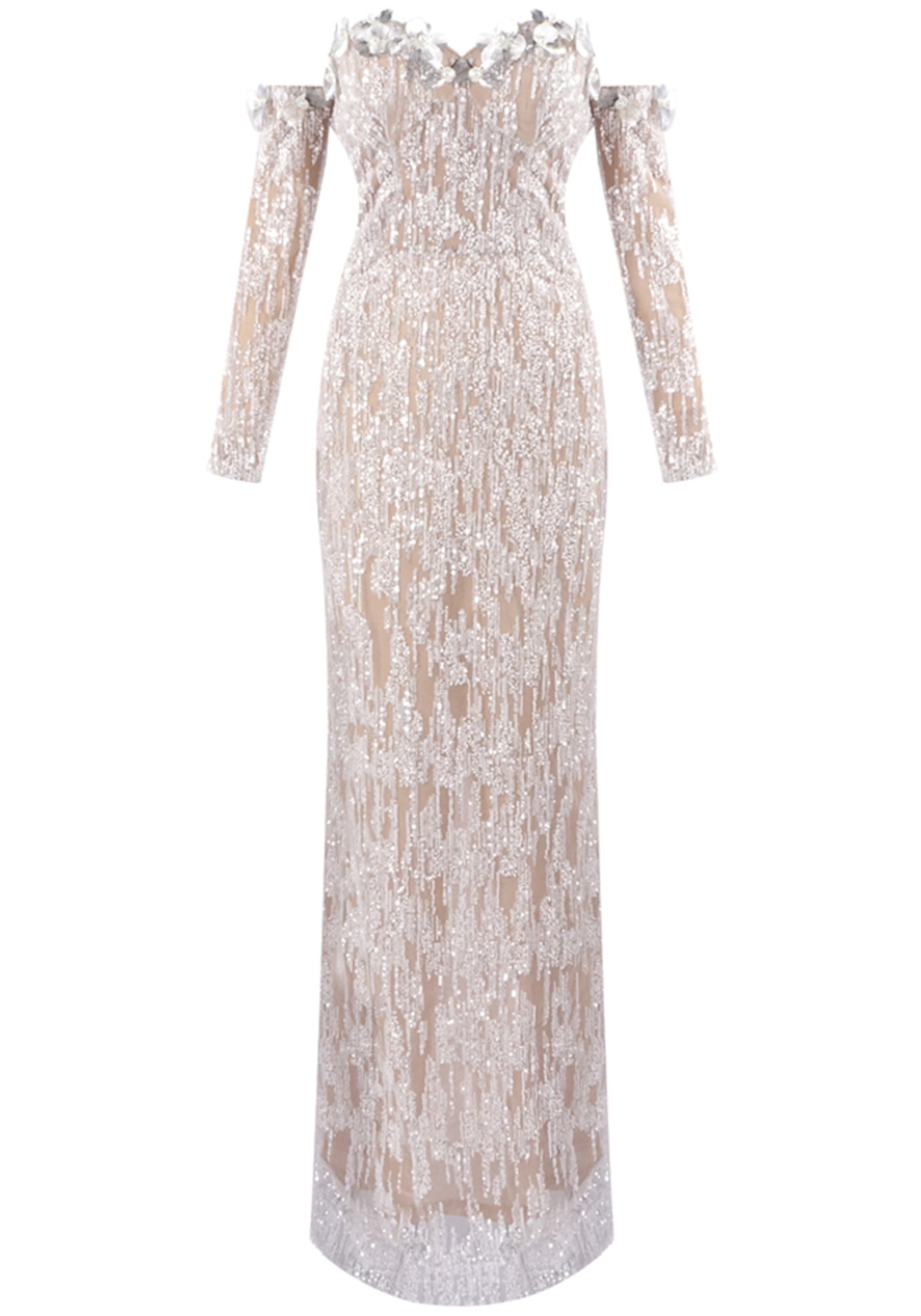 Corvain Long Sleeve Bardot Maxi Dress In Nude