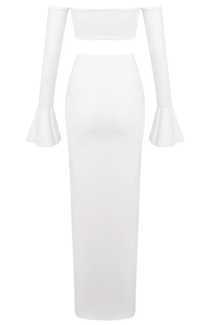 Akifumi Long Sleeve Bardot Two Piece Maxi Dress In White