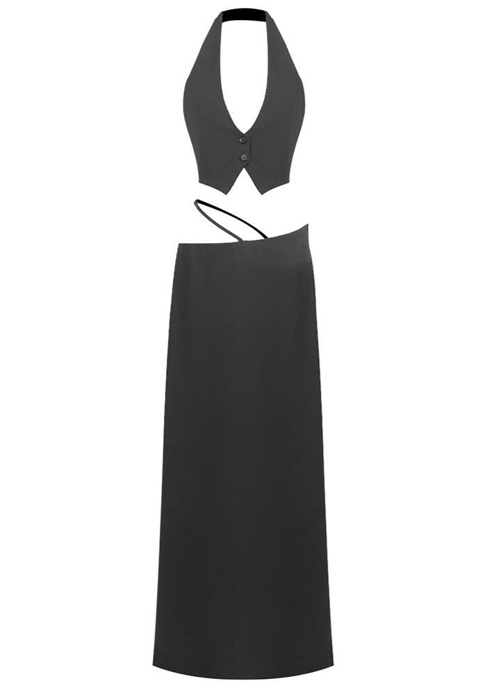 Susie Silk Crop Top Maxi Skirts 2 Pieces Sets In Black