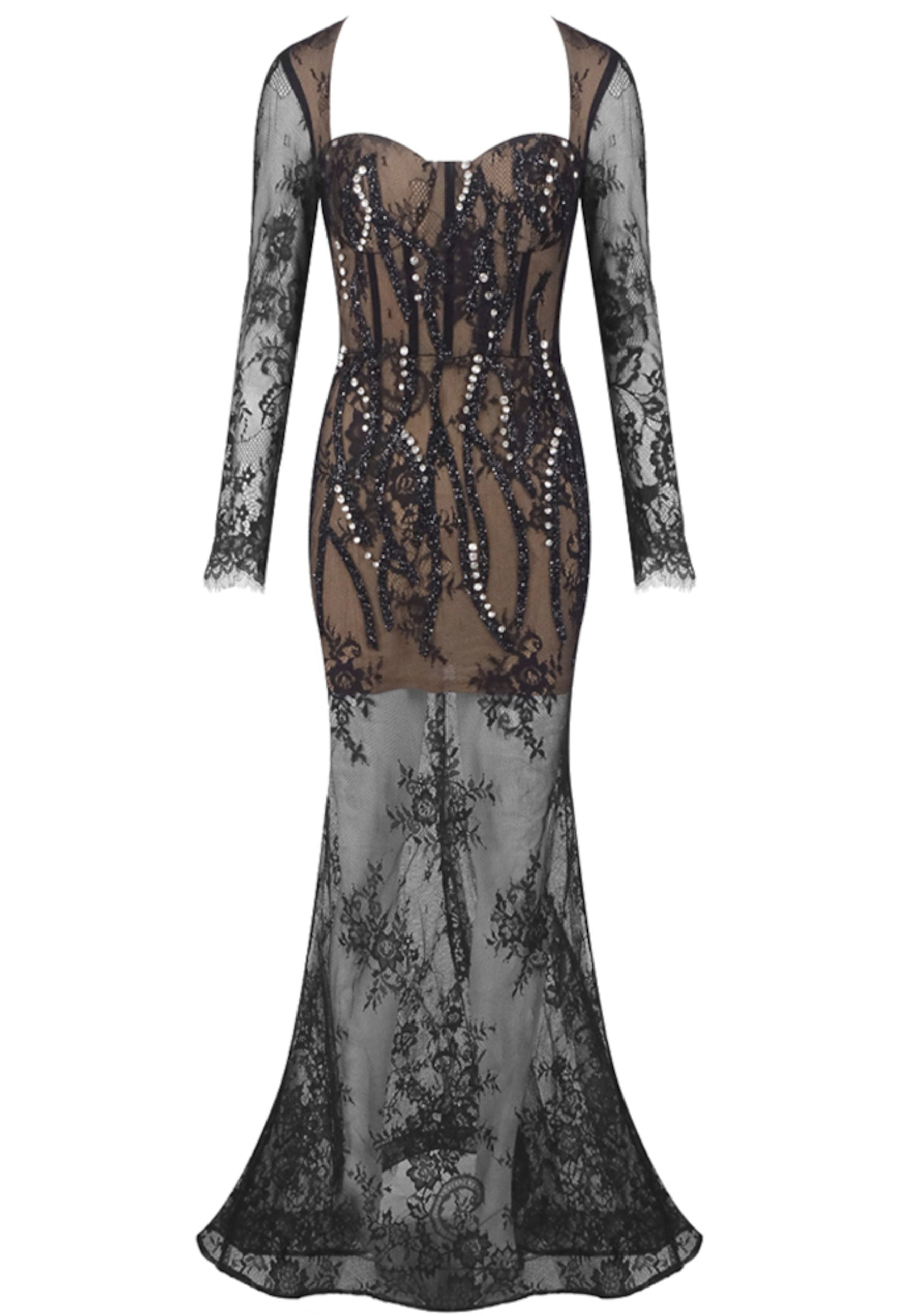 Rendor Long Sleeve Crystal Lace Maxi Dress In Black