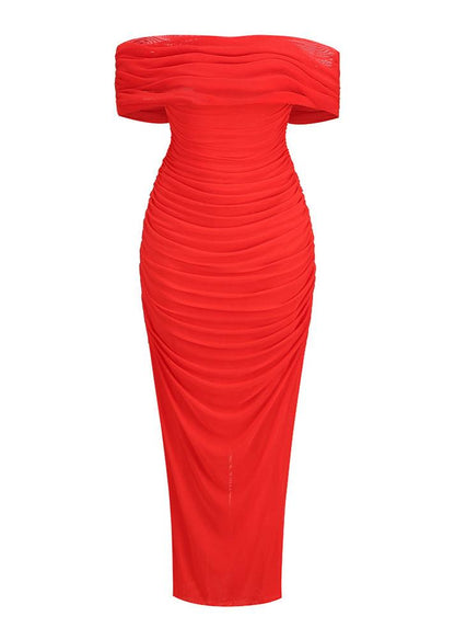 Aedin Off-Shoulder Tulle Bandage Maxi Dress In Red