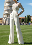 Galvon Long Sleeve Sequin Mesh Jumpsuit In White