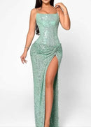 Raldris Sequin Draped Corset Maxi Dress In Green