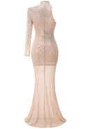 Harini One Sleeve Embellished Mesh Maxi Dress In Nude