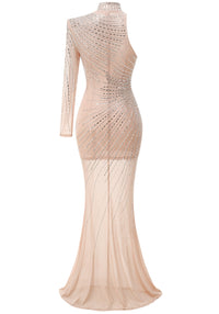 Harini One Sleeve Embellished Mesh Maxi Dress In Nude