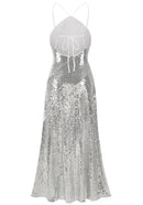 Pandeia Halter Ruffle Detail Sequin Maxi Dress In Silver