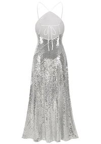 Pandeia Halter Ruffle Detail Sequin Maxi Dress In Silver