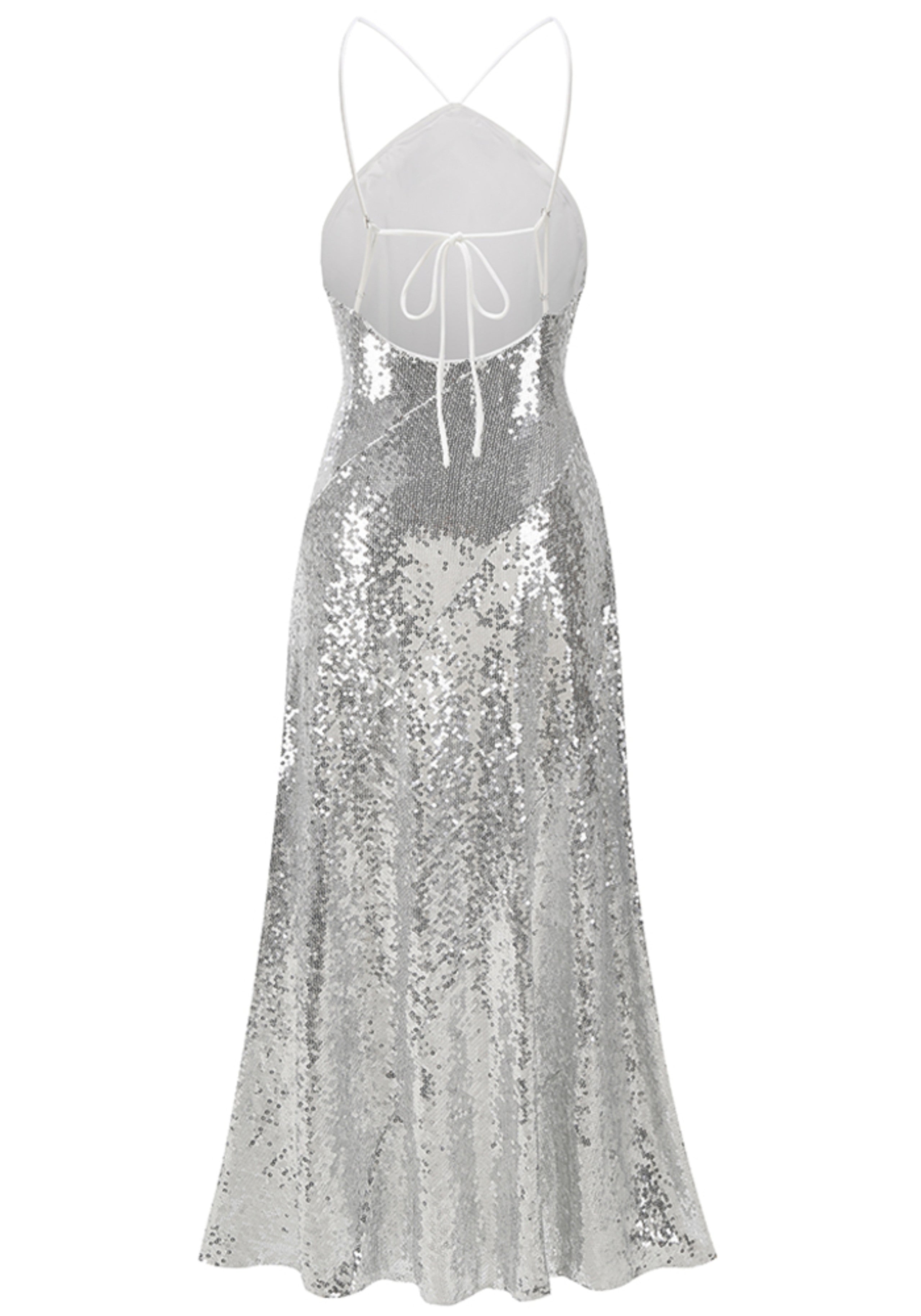 Pandeia Halter Ruffle Detail Sequin Maxi Dress In Silver