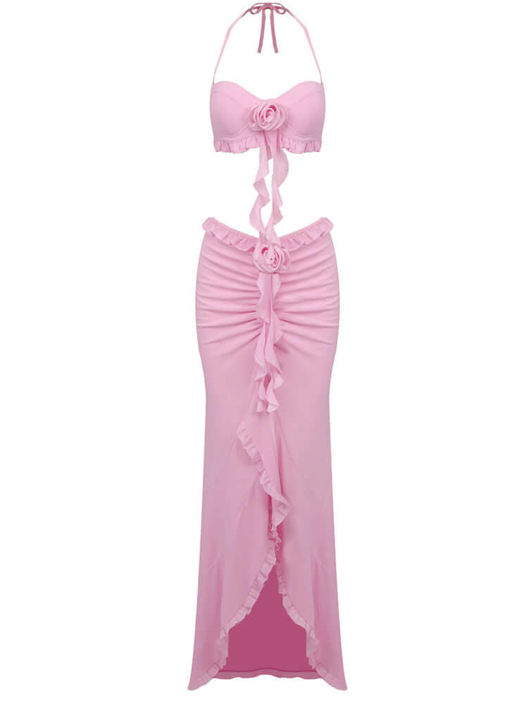 Virgil Halter Floral Ruffle Two Piece Maxi Dress In Pink