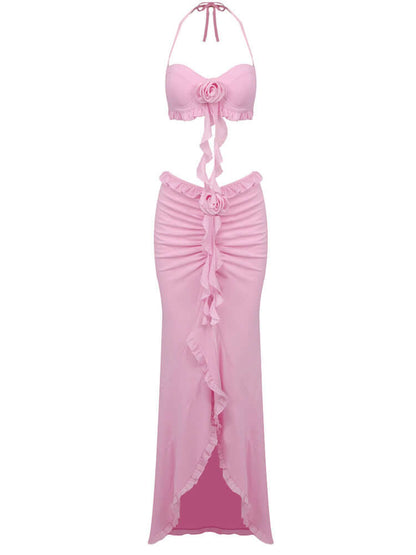 Virgil Halter Floral Ruffle Two Piece Maxi Dress In Pink